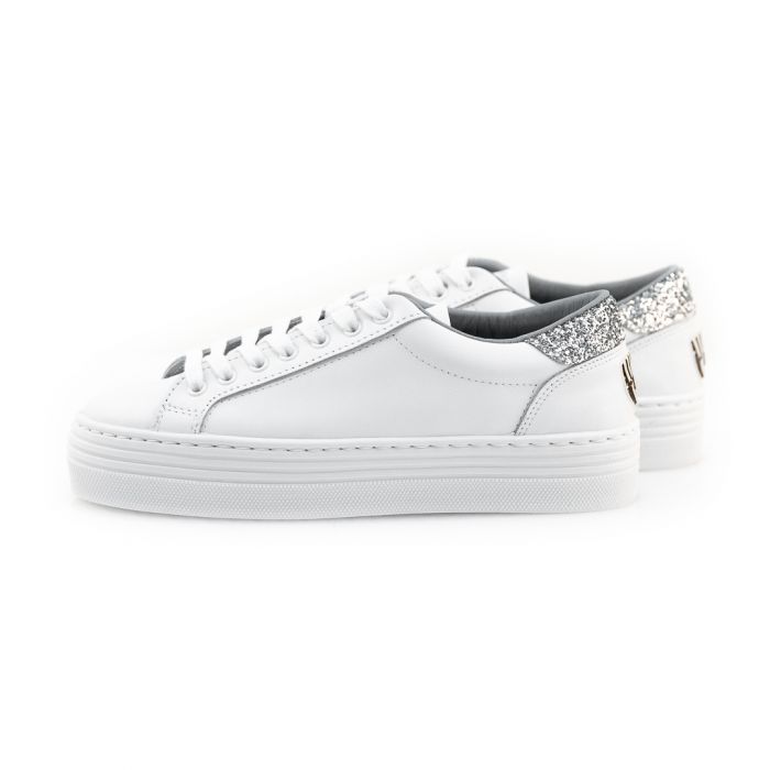 H-Brands Donna Scarpe Sneakers Sneakers con glitter Sneaker alta Chiara Ferragni in pelle bianca e glitter argento 